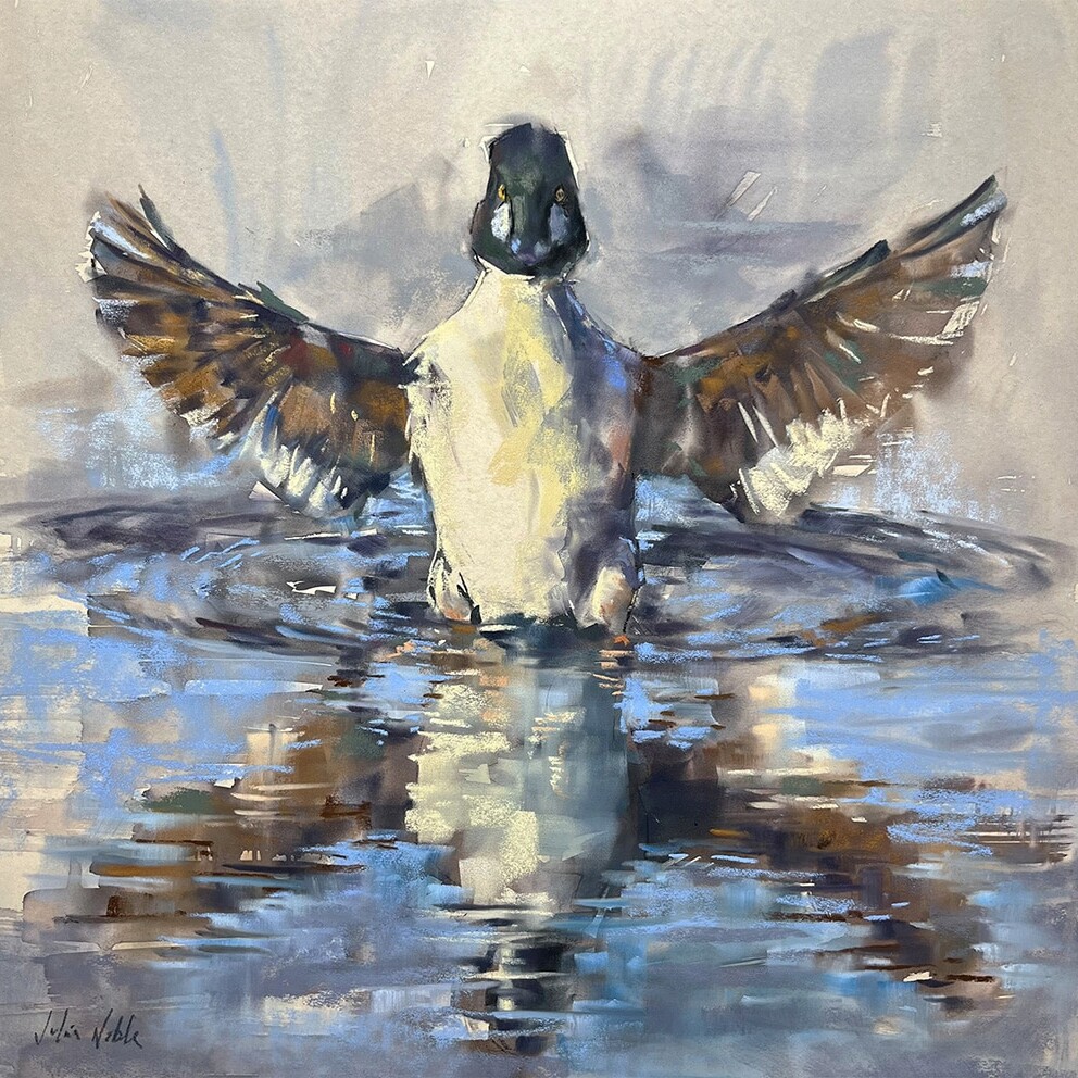 Impressionistic painting of a duck with wings spread, standing in shallow water with a reflective surface.