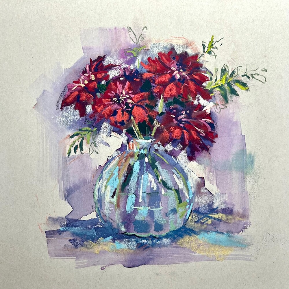 Colorful brush-stroke still life: red blooms in a rounded glass vase against a pastel background.