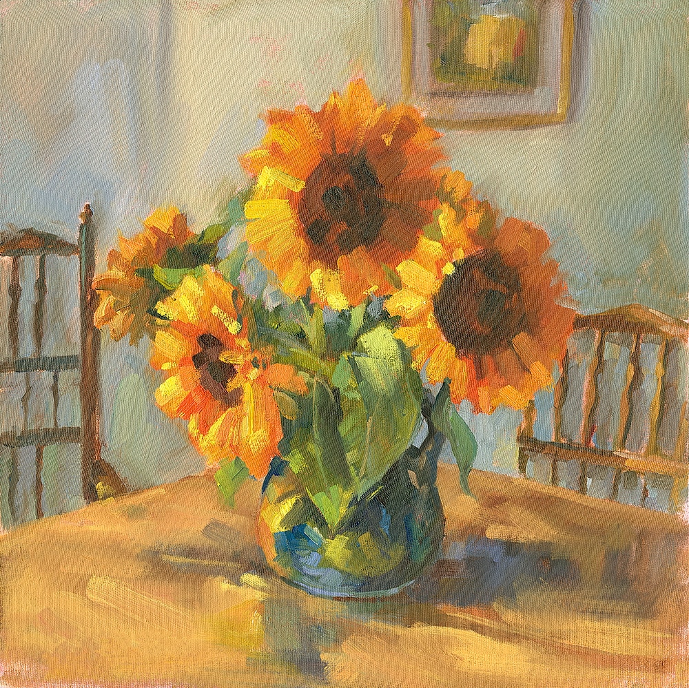 Sunflowers in a glass vase on a wooden table with chairs in the background, painted in warm, impressionistic strokes.