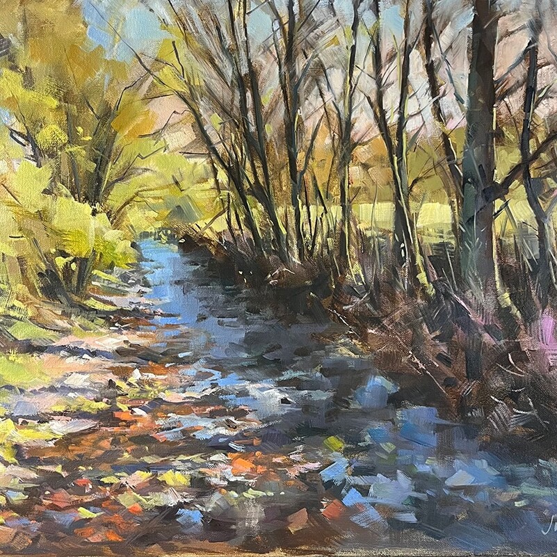 Impressionist painting of a sunlit forest stream with yellow and green trees along the banks and colorful reflections on the water, suggesting a warm autumn scene.