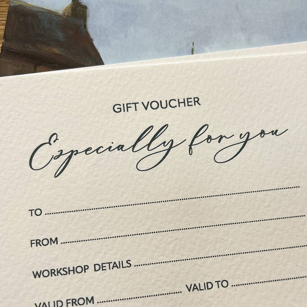 Gift voucher card with 'GIFT VOUCHER' and elegant cursive 'Especially for you' text, plus To, From, Workshop Details, and validity fields.