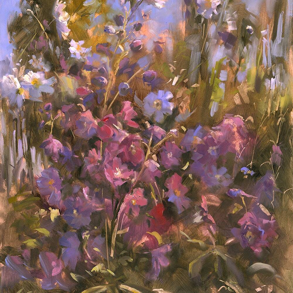 Impressionistic painting of a lush flower garden with purple, pink, and white blooms against a blue sky.